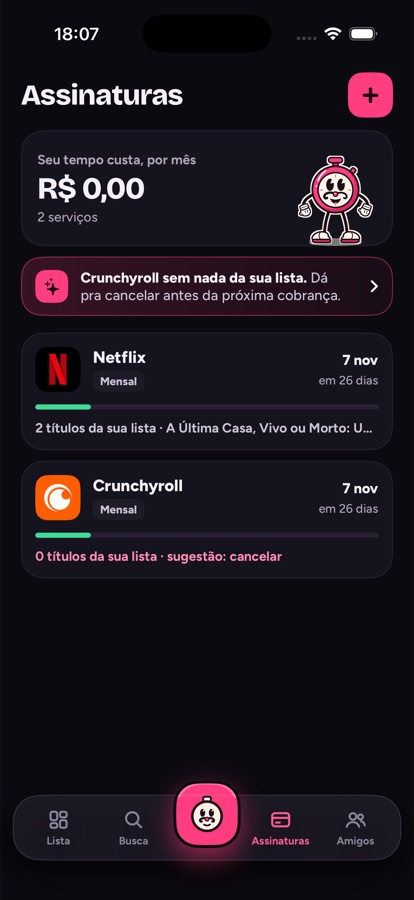 Tela Assinaturas com o custo por mês e a sugestão de cancelar um serviço sem nada da lista