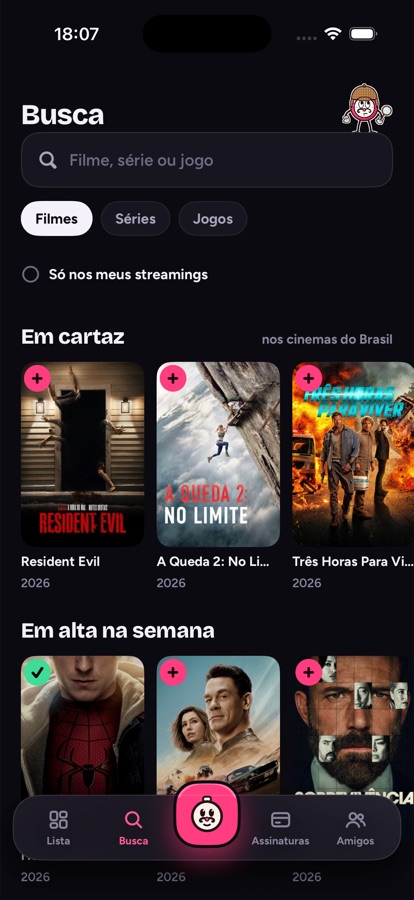 Busca com o que está em cartaz e em alta, e o filtro Só nos meus streamings