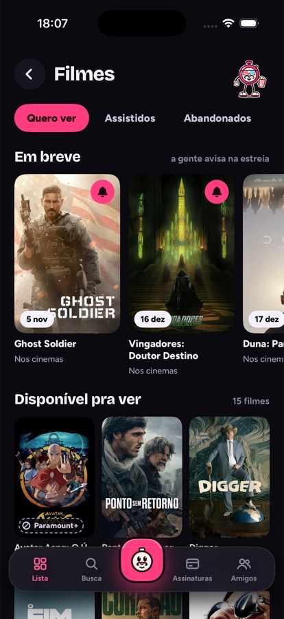 Lista de filmes com a seção Em breve e os serviços de cada título