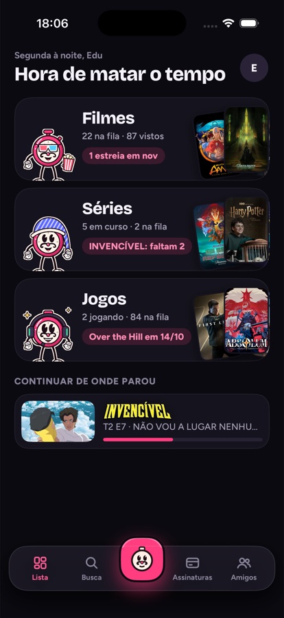 Tela inicial do KillerTime: Filmes, Séries e Jogos, com o que está em andamento